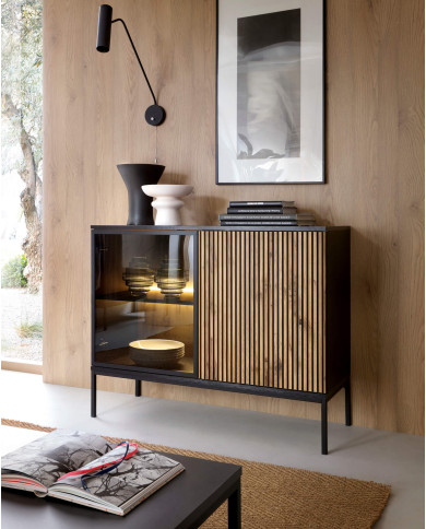 Szafka nocna Sento S54, szuflada, wnęka, oświetlenie, Czarna/ Dąb wotan, PIASKI Szafka nocna Sento S54, szuflada, wnęka, oświetlenie, Czarna/ Dąb wotan, PIASKI