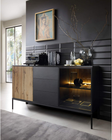 Szafka nocna Sento S54, szuflada, wnęka, oświetlenie, Czarna/ Dąb wotan, PIASKI Szafka nocna Sento S54, szuflada, wnęka, oświetlenie, Czarna/ Dąb wotan, PIASKI