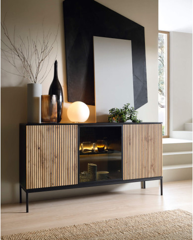 Szafka nocna Sento S54, szuflada, wnęka, oświetlenie, Czarna/ Dąb wotan, PIASKI Szafka nocna Sento S54, szuflada, wnęka, oświetlenie, Czarna/ Dąb wotan, PIASKI