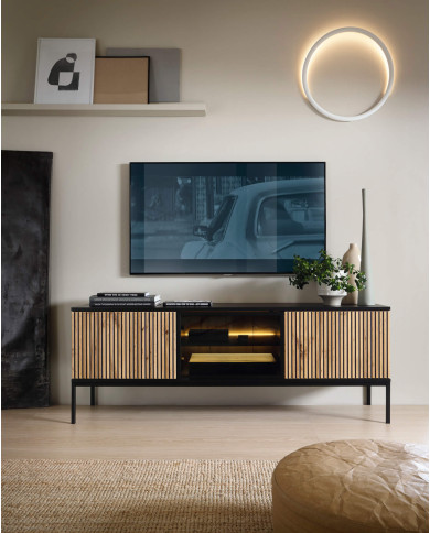 Szafka nocna Sento S54, szuflada, wnęka, oświetlenie, Czarna/ Dąb wotan, PIASKI Szafka nocna Sento S54, szuflada, wnęka, oświetlenie, Czarna/ Dąb wotan, PIASKI