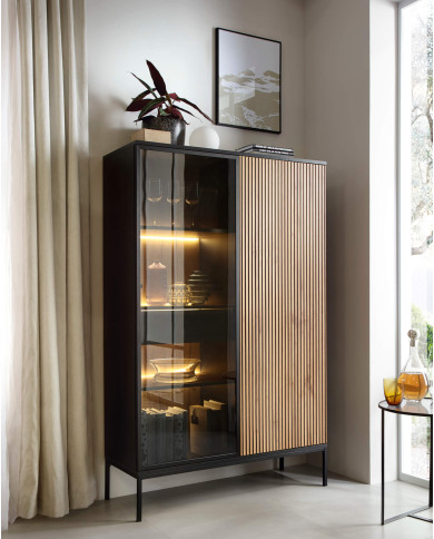 Szafka nocna Sento S54, szuflada, wnęka, oświetlenie, Czarna/ Dąb wotan, PIASKI Szafka nocna Sento S54, szuflada, wnęka, oświetlenie, Czarna/ Dąb wotan, PIASKI