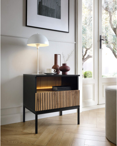 Szafka nocna Sento S54, szuflada, wnęka, oświetlenie, Czarna/ Dąb wotan, PIASKI Szafka nocna Sento S54, szuflada, wnęka, oświetlenie, Czarna/ Dąb wotan, PIASKI