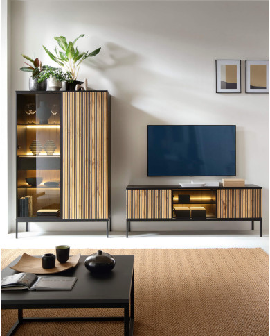 Szafka nocna Sento S54, szuflada, wnęka, oświetlenie, Czarna/ Dąb wotan, PIASKI Szafka nocna Sento S54, szuflada, wnęka, oświetlenie, Czarna/ Dąb wotan, PIASKI