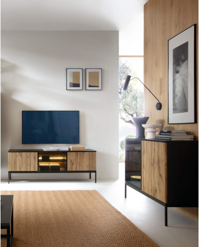 Szafka nocna Sento S54, szuflada, wnęka, oświetlenie, Czarna/ Dąb wotan, PIASKI Szafka nocna Sento S54, szuflada, wnęka, oświetlenie, Czarna/ Dąb wotan, PIASKI