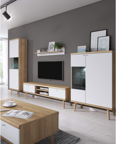 Stolik kawowy, ława Primo PL107, półka, szuflady, Dąb riviera/ Biały, PIASKI