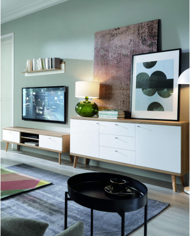 Stolik kawowy, ława Primo PL107, półka, szuflady, Dąb riviera/ Biały, PIASKI