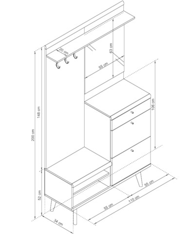 Garderoba Primo PG110, szafka na buty, panel z wieszakami, półka, lustro, szuflada, Dąb riviera/ Biały, PIASKI Garderoba Primo PG110, szafka na buty, panel z wieszakami, półka, lustro, szuflada, Dąb riviera/ Biały, PIASKI