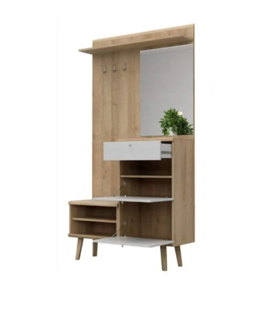 Garderoba Primo PG110, szafka na buty, panel z wieszakami, półka, lustro, szuflada, Dąb riviera/ Biały, PIASKI Garderoba Primo PG110, szafka na buty, panel z wieszakami, półka, lustro, szuflada, Dąb riviera/ Biały, PIASKI