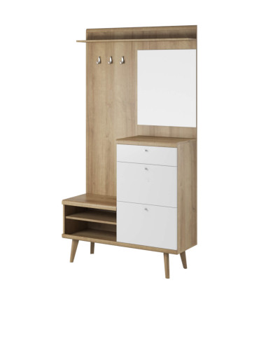 Garderoba Primo PG110, szafka na buty, panel z wieszakami, półka, lustro, szuflada, Dąb riviera/ Biały, PIASKI Garderoba Primo PG110, szafka na buty, panel z wieszakami, półka, lustro, szuflada, Dąb riviera/ Biały, PIASKI