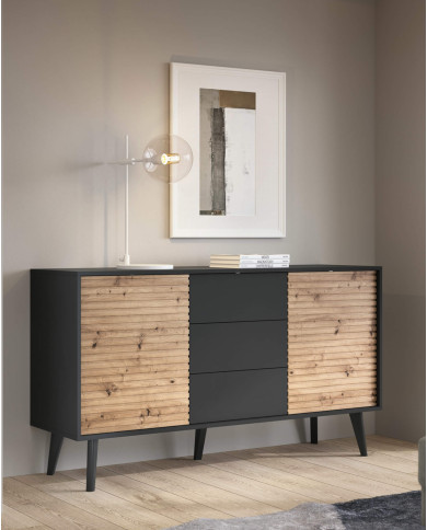 Stolik kawowy, ława Willow L104, półka, szuflady, Dąb artisan/ Czarny, PIASKI