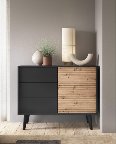 Stolik kawowy, ława Willow L104, półka, szuflady, Dąb artisan/ Czarny, PIASKI