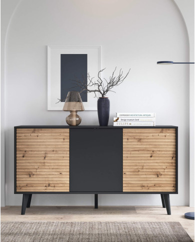 Stolik kawowy, ława Willow L104, półka, szuflady, Dąb artisan/ Czarny, PIASKI