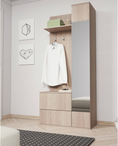 Garderoba Green, szafka na buty, panel z wieszakami, półka, lustro, szuflada, szafa-bieliźniarka, Dąb sonoma, PIASKI Garderoba Green, szafka na buty, panel z wieszakami, półka, lustro, szuflada, szafa-bieliźniarka, Dąb sonoma, PIASKI