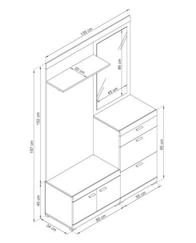 Garderoba Stella, szafka z drzwiczkami, szafka na buty, panel z wieszakami, półka, lustro, szuflada, Dąb riviera/ Biały, PIASKI