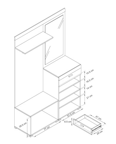 Garderoba Stella, szafka z drzwiczkami, szafka na buty, panel z wieszakami, półka, lustro, szuflada, Dąb riviera/ Biały, PIASKI