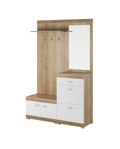 Garderoba Stella, szafka z drzwiczkami, szafka na buty, panel z wieszakami, półka, lustro, szuflada, Dąb riviera/ Biały, PIASKI