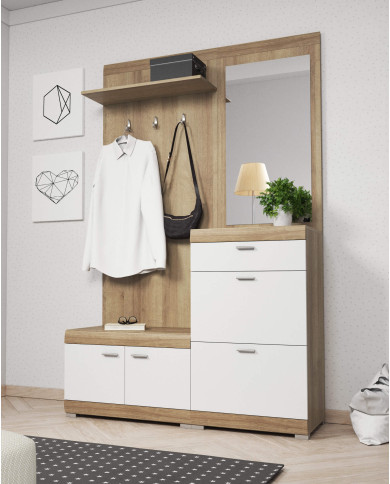 Garderoba Stella, szafka z drzwiczkami, szafka na buty, panel z wieszakami, półka, lustro, szuflada, Dąb riviera/ Biały, PIASKI