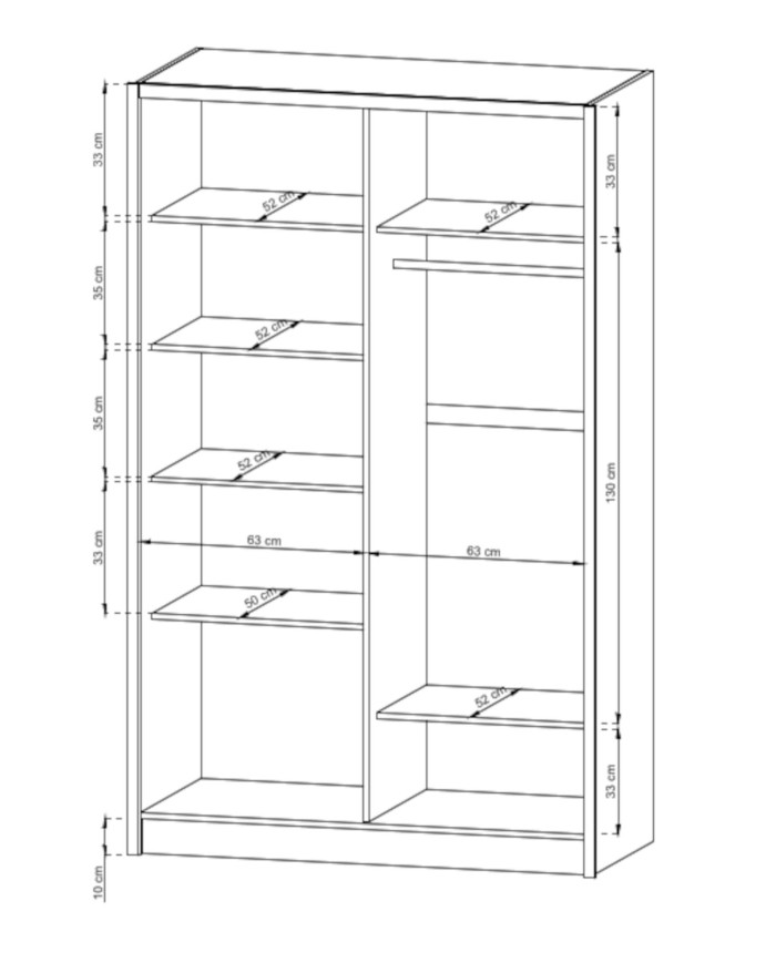 Szafa Sara, dwudrzwiowa 134 cm, przesuwna, półki, drążek wieszakowy, szuflady, lustro, Biały/ Dąb artisan, PIASKI