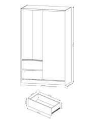 Szafa Sara, dwudrzwiowa 134 cm, przesuwna, półki, drążek wieszakowy, szuflady, lustro, Biały/ Dąb sonoma, PIASKI