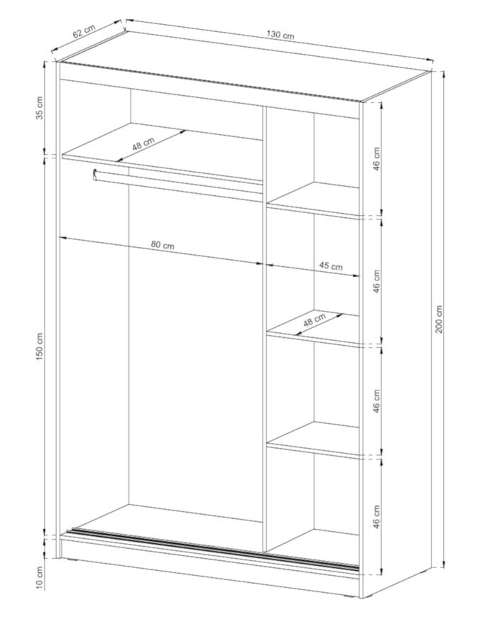 Szafa Wiki, dwudrzwiowa 130 cm, przesuwna, półki, drążek wieszakowy, Dąb sonoma, PIASKI