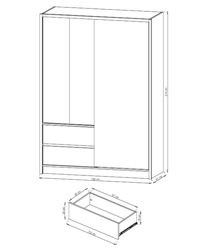 Szafa Sara, dwudrzwiowa 154 cm, przesuwna, półki, drążek wieszakowy, szuflady, lustro, Biała/ Dąb sonoma, PIASKI