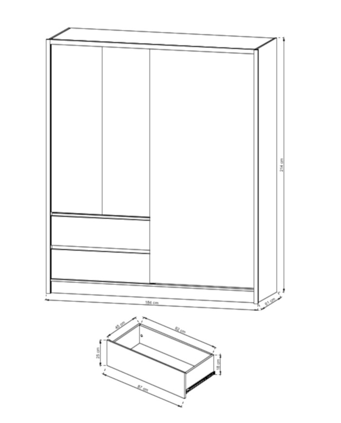 Szafa Sara, dwudrzwiowa 184 cm, przesuwna, półki, drążek wieszakowy, szuflady, lustro, Biała/ Dąb artisan, PIASKI