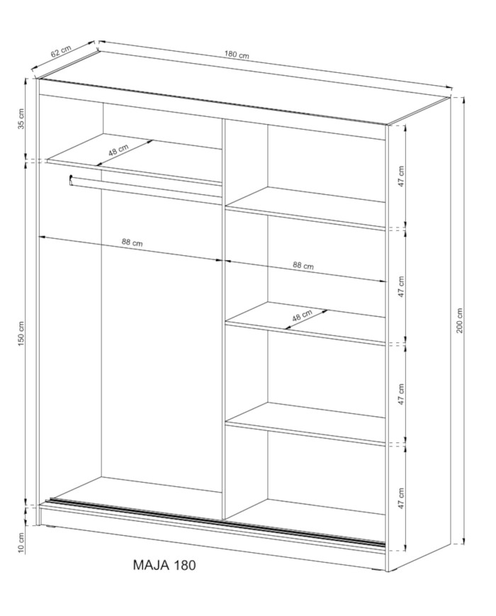 Szafa Wiki 2, dwudrzwiowa 180 cm, przesuwna, półki, drążek wieszakowy, lustra, Dąb sonoma, PIASKI