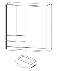 Szafa Sara, dwudrzwiowa 204 cm, przesuwna, półki, drążek wieszakowy, szuflady, lustro, Biała/ Dąb artisan, PIASKI