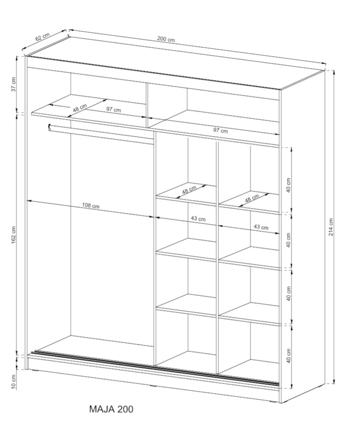Szafa Maja alu, dwudrzwiowa 200 cm, przesuwna, półki, drążek wieszakowy, Biała, PIASKI