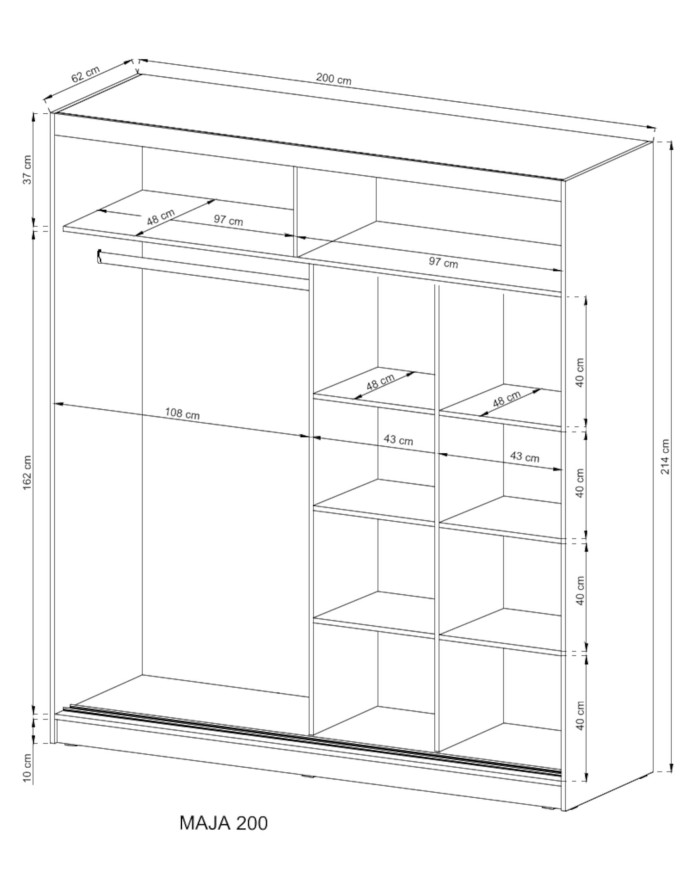 Szafa Wiki 2, dwudrzwiowa 200 cm, przesuwna, półki, drążek wieszakowy, lustra, Grafitowa, PIASKI