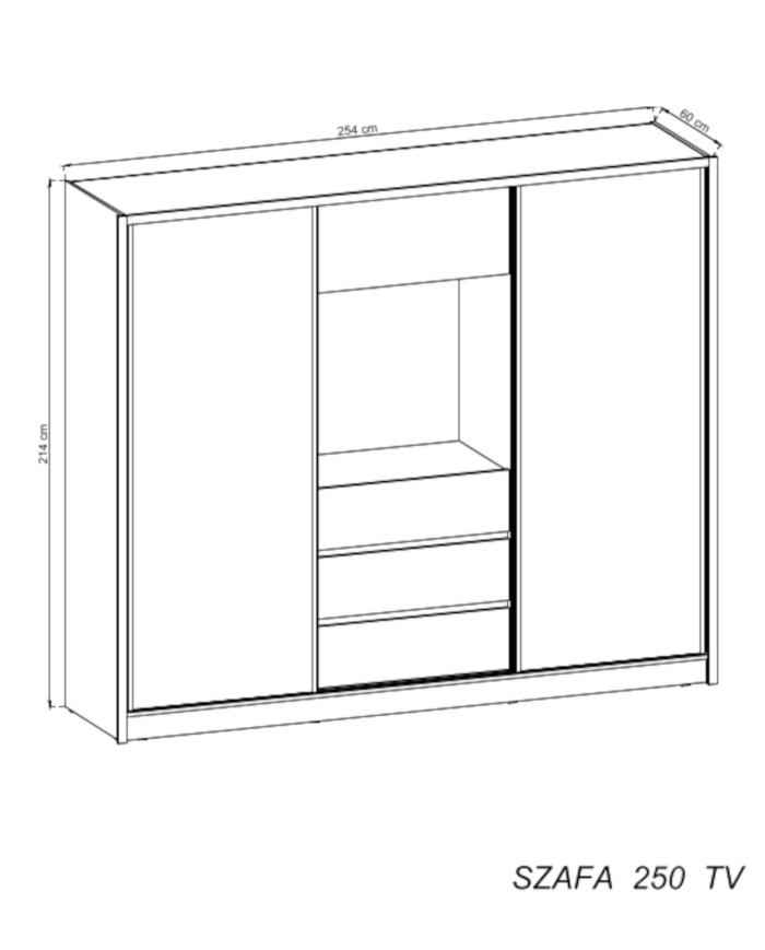 Szafa TV, przesuwna 254 cm, półki, klapa, drążek wieszakowy, szuflady, wnęka rtv, lustra, Biała, PIASKI
