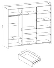 Szafa TV, przesuwna 254 cm, półki, klapa, drążek wieszakowy, szuflady, wnęka rtv, lustra, Grafit, PIASKI
