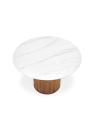 Stół kolumnowy Bruno, ceramiczny blat - biały marmur/ orzech, 120/76 cm