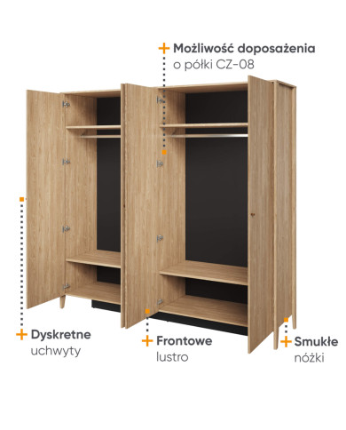 Szafa Cozy CZ-01, czterodrzwiowa z lustrem, półki, drążki wieszakowe, dąb olejowany, LENART Szafa Cozy CZ-01, czterodrzwiowa z lustrem, półki, drążki wieszakowe, dąb olejowany, LENART