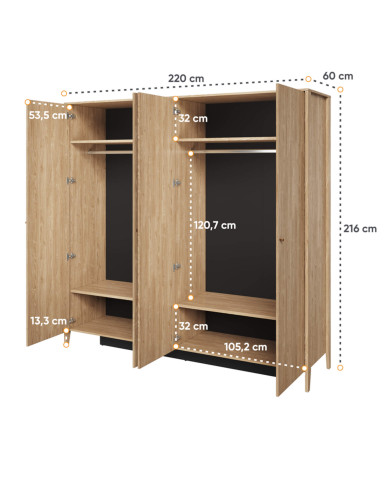 Szafa Cozy CZ-01, czterodrzwiowa z lustrem, półki, drążki wieszakowe, dąb olejowany, LENART Szafa Cozy CZ-01, czterodrzwiowa z lustrem, półki, drążki wieszakowe, dąb olejowany, LENART