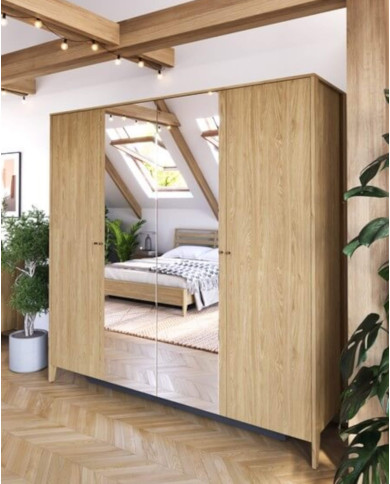 Szafa Cozy CZ-01, czterodrzwiowa z lustrem, półki, drążki wieszakowe, dąb olejowany, LENART Szafa Cozy CZ-01, czterodrzwiowa z lustrem, półki, drążki wieszakowe, dąb olejowany, LENART