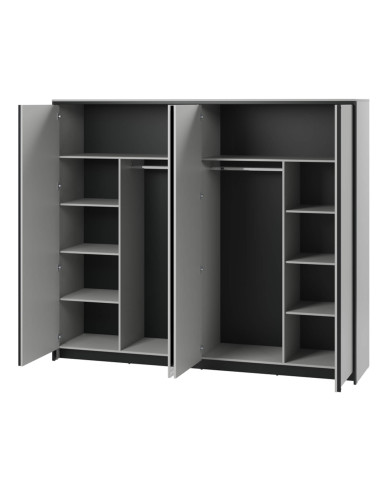 Szafa Gris GS-01 z oświetleniem, czterodrzwiowa z lustrami, półki, drążki wieszakowe, szary/ czarny, LENART Szafa Gris GS-01 z oświetleniem, czterodrzwiowa z lustrami, półki, drążki wieszakowe, szary/ czarny, LENART