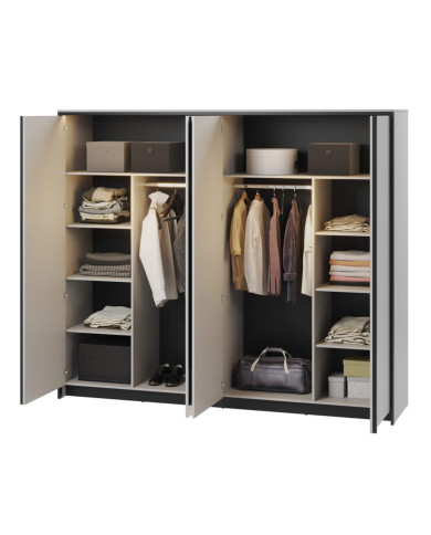 Szafa Gris GS-01 z oświetleniem, czterodrzwiowa z lustrami, półki, drążki wieszakowe, szary/ czarny, LENART Szafa Gris GS-01 z oświetleniem, czterodrzwiowa z lustrami, półki, drążki wieszakowe, szary/ czarny, LENART
