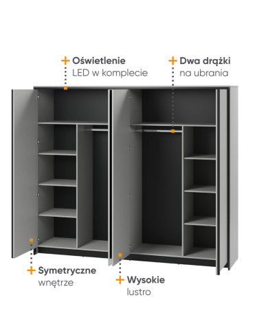 Szafa Gris GS-01 z oświetleniem, czterodrzwiowa z lustrami, półki, drążki wieszakowe, szary/ czarny, LENART Szafa Gris GS-01 z oświetleniem, czterodrzwiowa z lustrami, półki, drążki wieszakowe, szary/ czarny, LENART