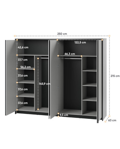 Szafa Gris GS-01 z oświetleniem, czterodrzwiowa z lustrami, półki, drążki wieszakowe, szary/ czarny, LENART Szafa Gris GS-01 z oświetleniem, czterodrzwiowa z lustrami, półki, drążki wieszakowe, szary/ czarny, LENART