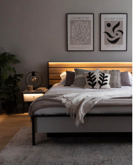 Łóżko Gris GS-02 z oświetleniem, 180x200 cm, stelaż materaca, pojemnik, port USB, szary/ czarny/ dąb natura, LENART