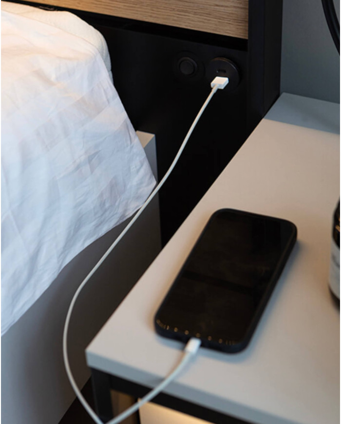 Łóżko Gris GS-02 z oświetleniem, 180x200 cm, stelaż materaca, pojemnik, port USB, szary/ czarny/ dąb natura, LENART