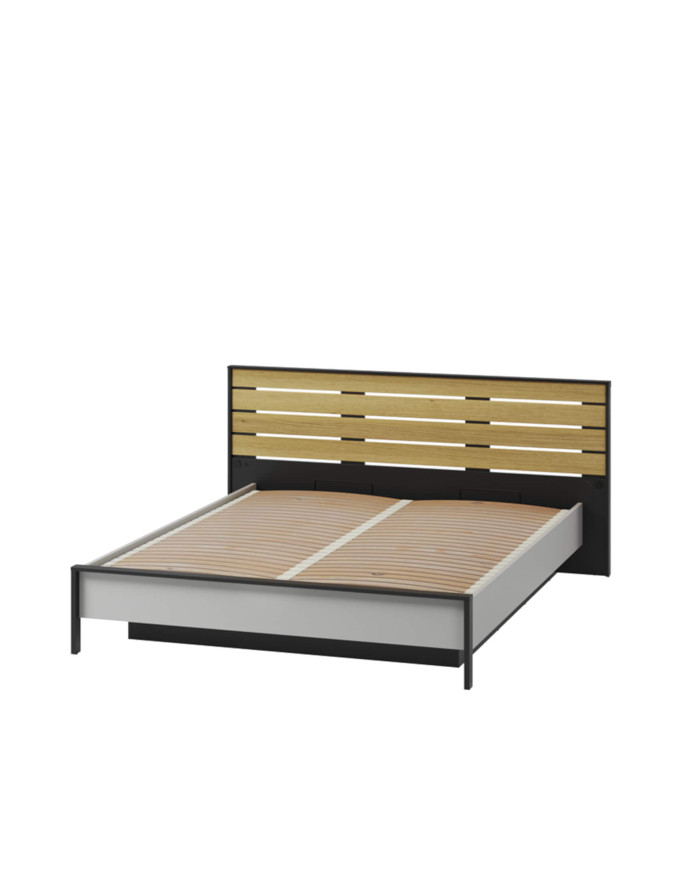 Łóżko Gris GS-02 z oświetleniem, 160x200 cm, stelaż materaca, pojemnik, port USB, szary/ czarny/ dąb natura, LENART
