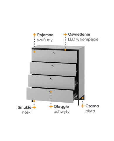 Komoda Gris GS-03 z oświetleniem, szuflady, szary/ czarny, LENART Komoda Gris GS-03 z oświetleniem, szuflady, szary/ czarny, LENART