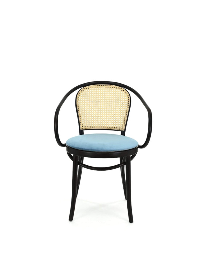 Krzesło z podłokietnikami B-9/4, gięte, wyplatane oparcie, tapicerowane siedzisko, FAMEG
