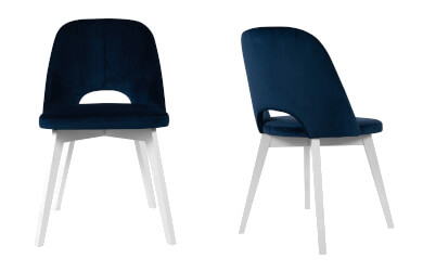 krzesło tapicerowane, zoblone niebieskie oparcie z wycięciem w dolnej jego części, białe drewniane nóżki