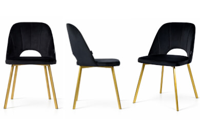 krzesła z metalowymi złotymi nozkami i niebieskim zaoblonym oparciem z dekoracyjnym wuycieciem