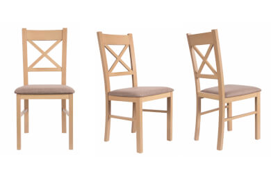 krzesło drewniane z tapicerowanym siedziskiem i ukośnym dekoracyjnym krzyżem w oparciu