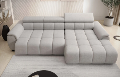 szary naroznik Alvin z regulowanymi zagłówkami i wysuwanym elektrycznie siedziskiem, nowoczsny typu L