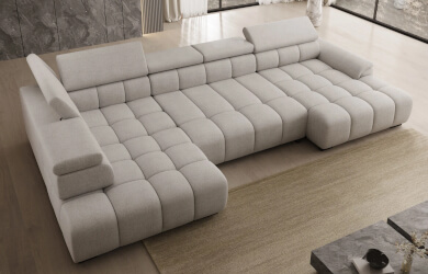 naroznik U Alvin, przeszywane siedzisko, pikowania, regulowane zagłówki, szary, narożnik do salon